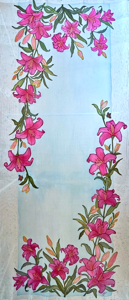 Ethereal Pink Lily Hand-Painted 100% Pure Habotai Silk Shawl