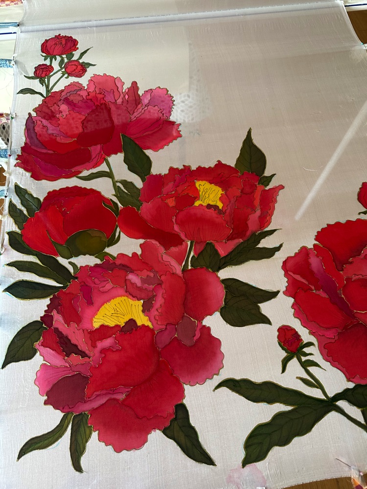 Crimson Peonies Hand-Painted 100% Pure Tabby Silk Shawl